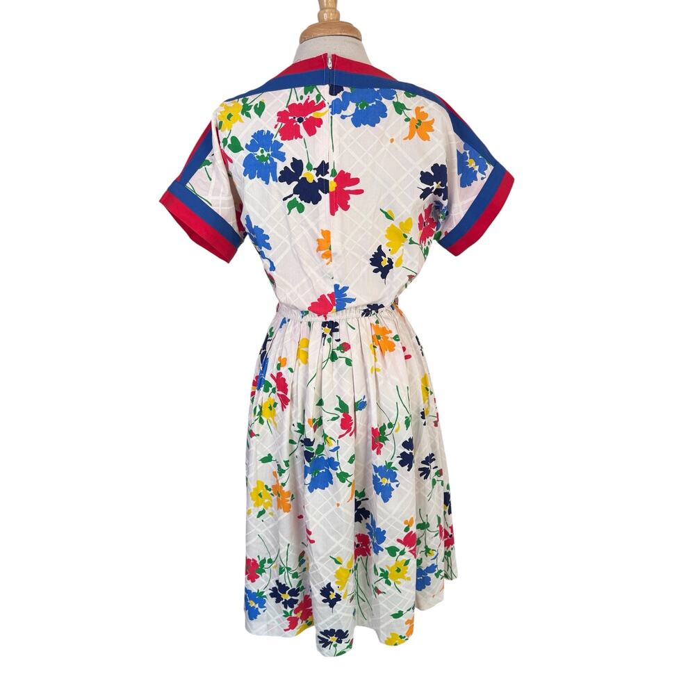 Vintage ‘70s ‘80s Bright Floral Midi Dress Size 12 SANS ÂGE Red Blue White Green - Picture 3 of 11